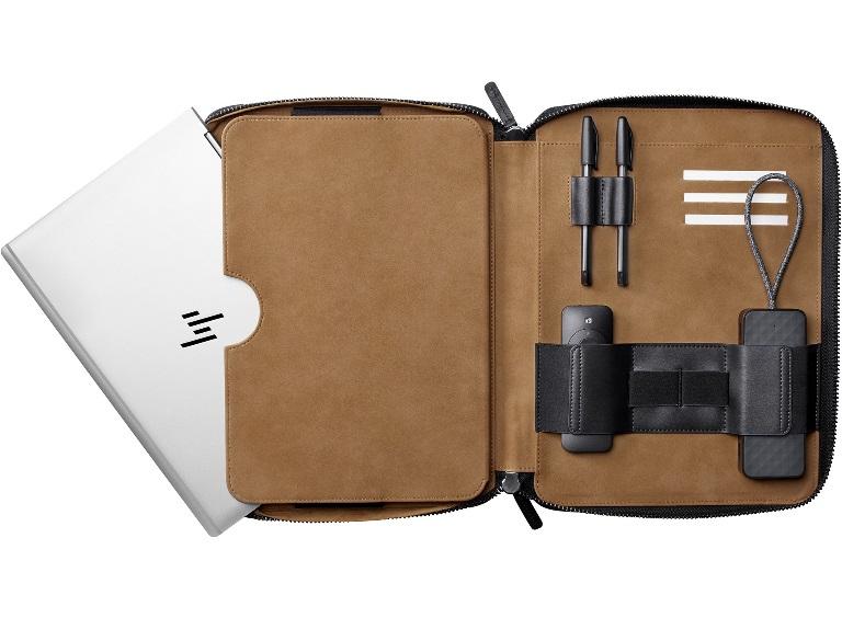 HP Elite Notebook Portfolio featuring a sleek leather exterior and soft micro-suede interior, designed to fit notebooks up to 14.0 inches.